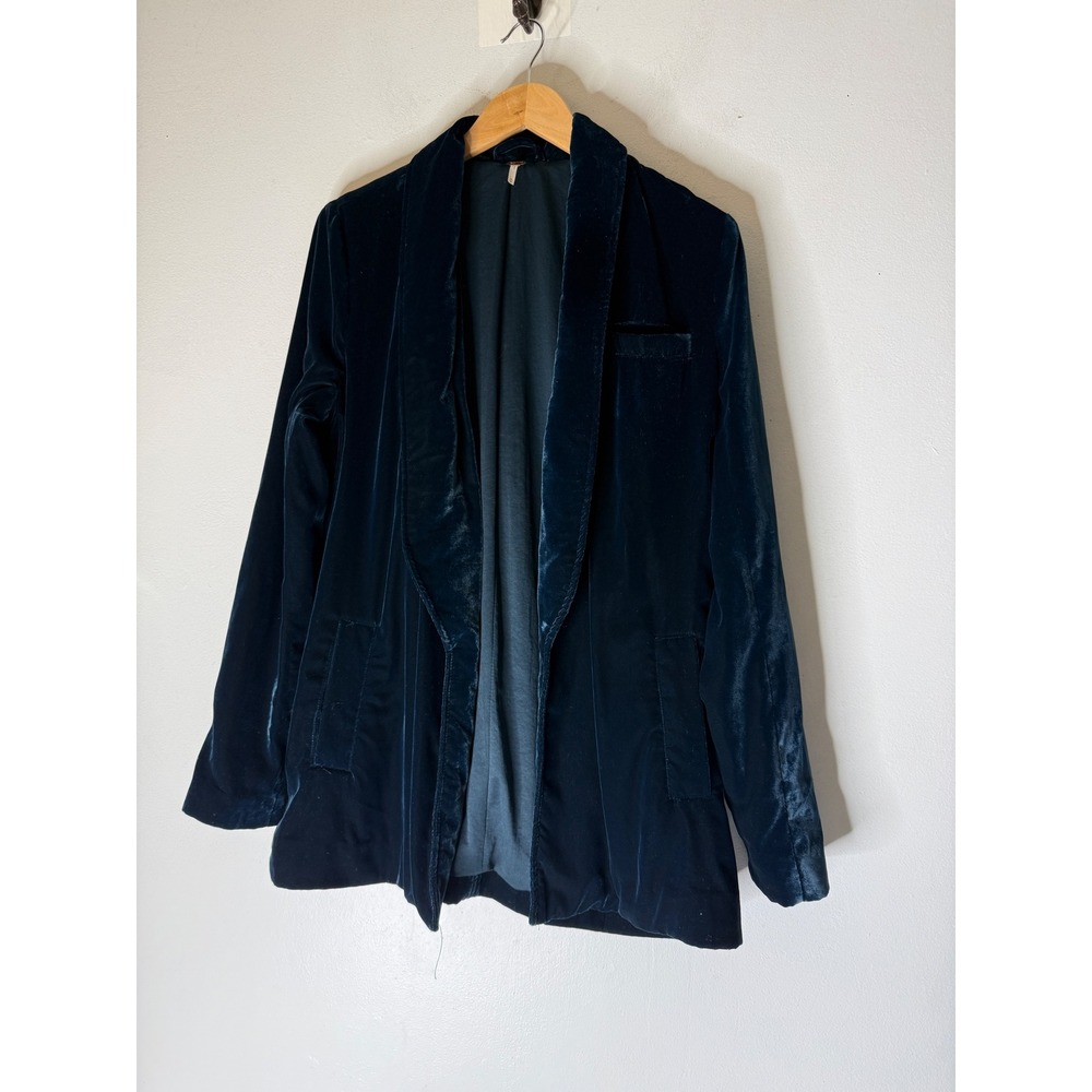 Free People Velvet Blazer Teal Blue Shawl Collar Button Cuff Open Front Jacket M